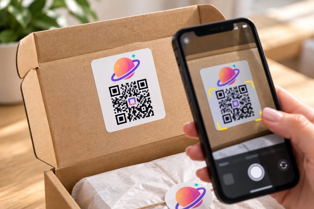 Naklejka z kodem QR w paczce skanowana telefonem