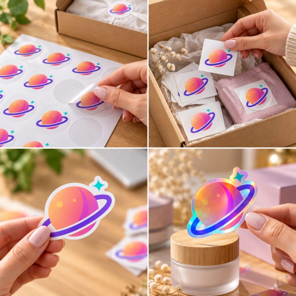 Rodzaje naklejek do paczek: kiss cut na arkuszu, kiss cut na sztuki, die cut i holograficzna